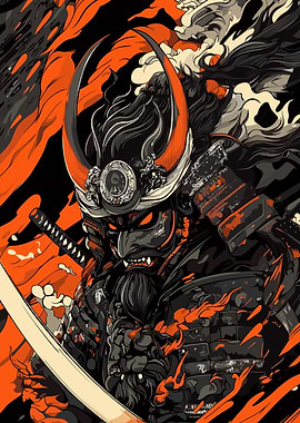 Samurai Warrior Illustration with Orange Accents