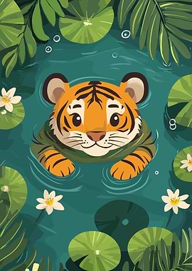 Cute Tiger Swimming in a Pond