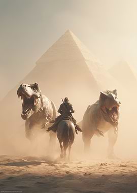 Rider with Dinosaurs in Desert Landscape