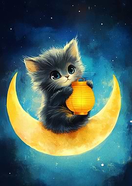 Cute Kitten on Moon with Lantern
