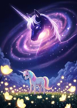 Unicorns in a magical flower field