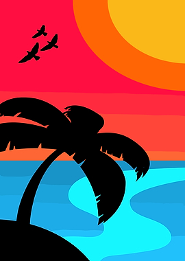 Tropical Sunset with Palm Tree Silhouette