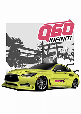 Yellow Infiniti Q60 with Japanese backdrop