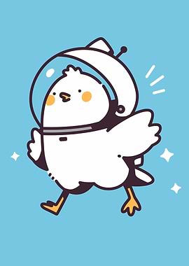Cartoon Bird Astronaut on Blue Background