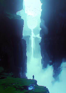 Mystical Waterfall Landscape with Lone Figure
