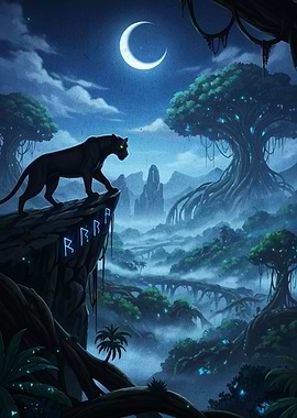 Black Panther Overlooking Fantasy Landscape