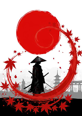 Samurai Silhouette with Red Sun and Leaves
