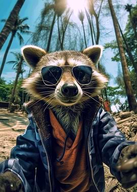 Cool Raccoon Selfie with Sunglasses in Nature