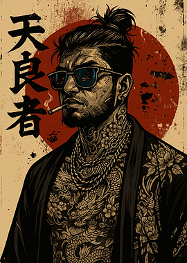 Tattooed Yakuza with Sunglasses and Cigarette