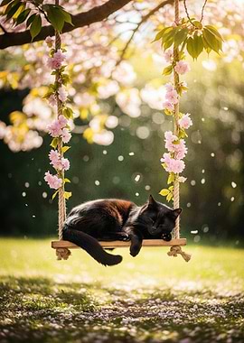 Black cat sleeping on a swing