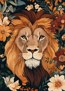 Lion Portrait with Floral Surroundings