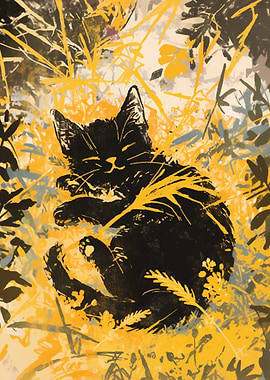 Black Cat in Yellow Grass