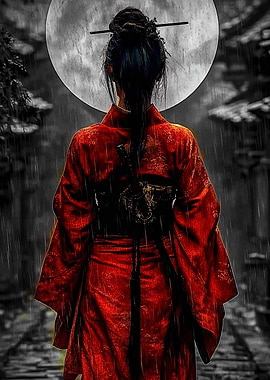 Red Kimono Samurai Woman in Rain