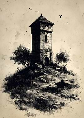 Monochrome Tower on Hill with Birds