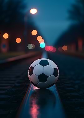 Soccer ball on train tracks at night