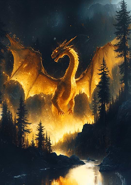Golden Dragon Over Forest River