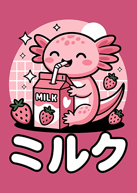 Cute Axolotl Drinking Strawberry Milk