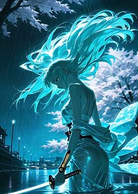 Anime Girl with Katana in Rain