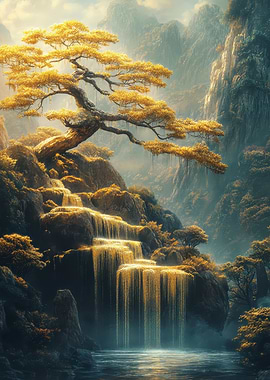 Golden Waterfall and Bonsai Tree Landscape
