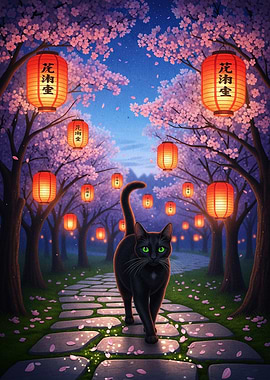 Black cat in cherry blossom garden