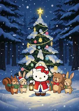 Hello Kitty Christmas Caroling in Snowy Woods