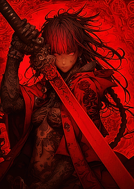 Red Anime Warrior with Sword