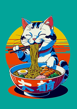 Cat Eating Ramen Bowl Illustration