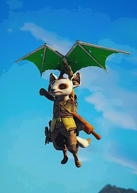 Anthropomorphic Fox Gliding in Blue Sky