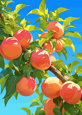 Peach Tree Branch with Ripe Peaches