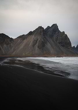 Black Sand Beach and Mountain Landscape