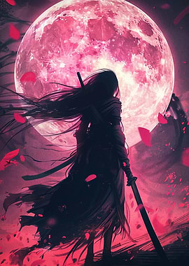Samurai Silhouette Under a Pink Moon