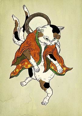 Ukiyo-e Style Cat with Drum