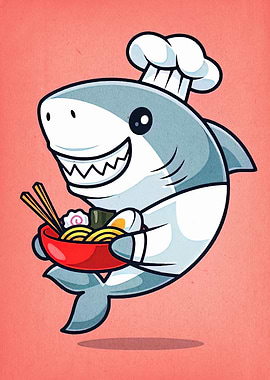 Cartoon Shark Chef with Ramen Bowl