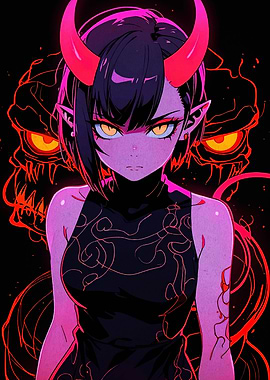 Anime Devil Girl with Fiery Background