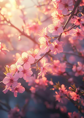 Pink Cherry Blossoms in Golden Light