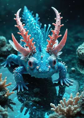 Coral-Gilled Axolotl — Vibrant Underwater Fantasy Creature Art