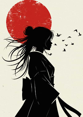 Silhouette of Woman in Kimono with Birds