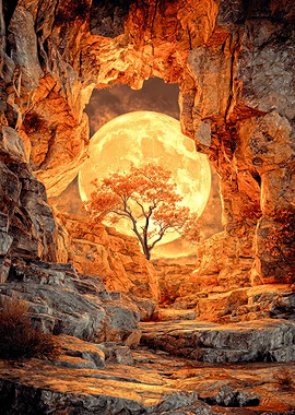 Cave Opening with Moon and Tree