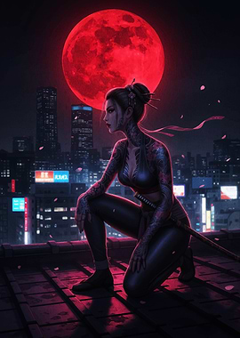 Cyberpunk Ninja with Red Moon