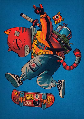 Skateboarding Cat with Fishbowl Helmet