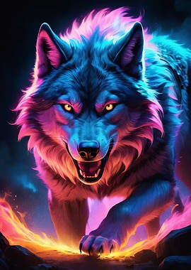Neon Wolf Fire Animal