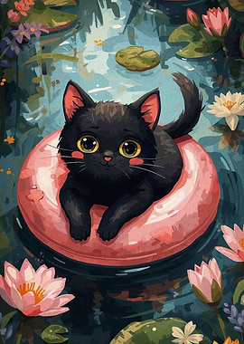 Black Cat in Pink Float Illustration