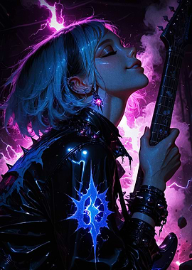 Electric Guitarist in Neon Lightning Storm