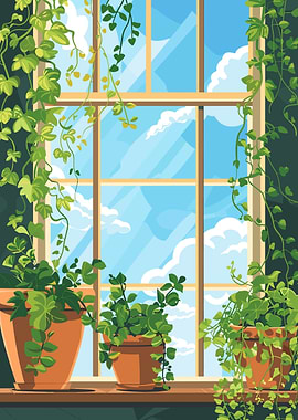 Window with Potted Plants and Sky View