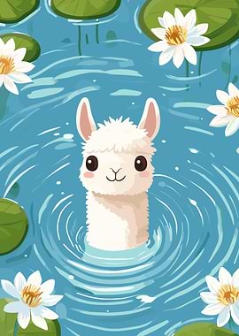 Cartoon Llama in Pond with Lilies