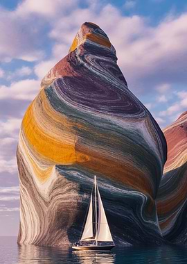 Sailboat near colorful rock formation