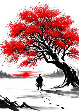 Samurai under Red Tree Digital Art