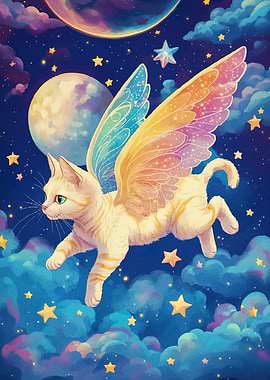 Winged Cat Flying Starry Sky
