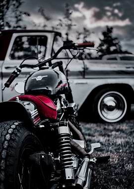 Motorcycle and Vintage Truck