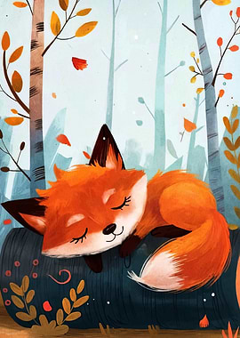 Sleeping Fox in Autumn Forest Illustration